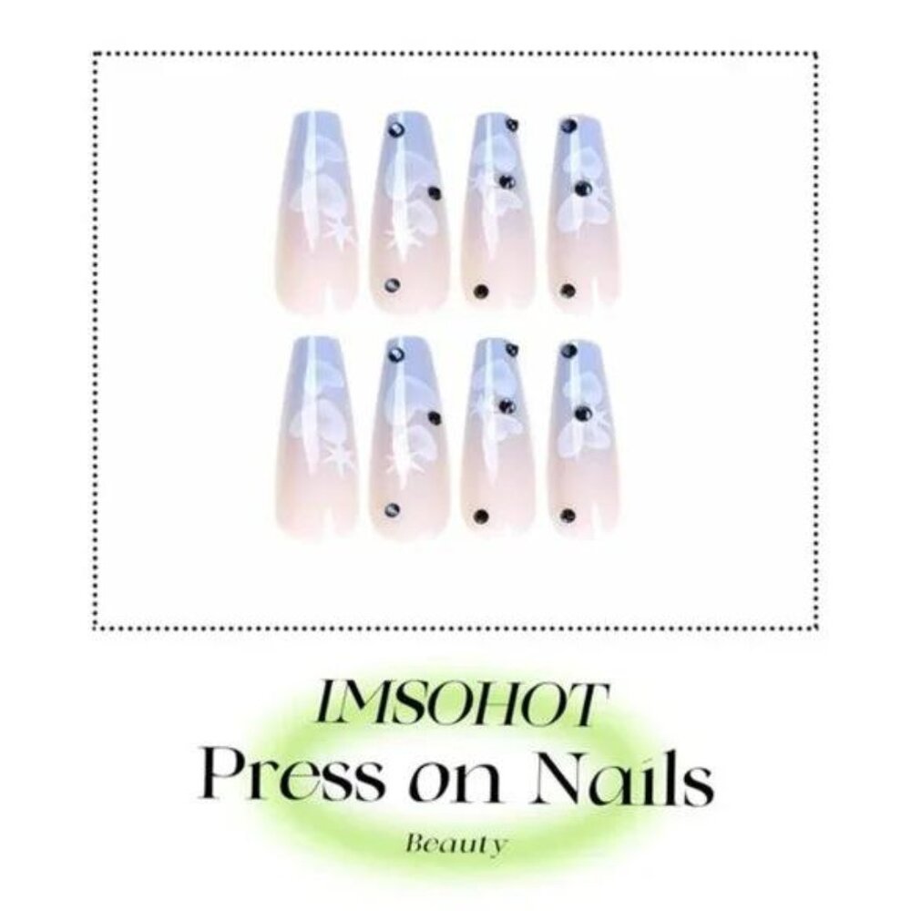 Long Press on Nails Coffin Blue Gradient with Cute Heart Designs